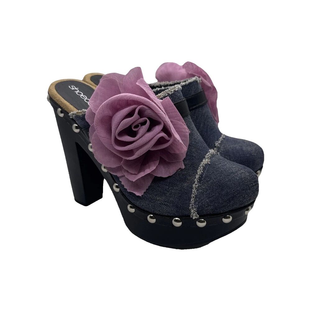ShoeDazzle Women’s Denim Floral Platform Heels Open Toe Studded Mules Sz 7 - Picture 2 of 12